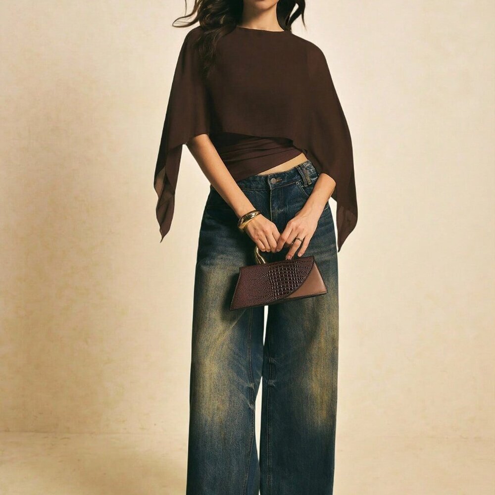 Brown Casual Elegant Women's Shawl Collar Batwing Sleeve Top - Picture 3 of 7